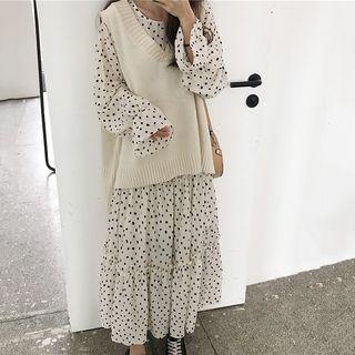 Plain V-neck Knit Vest / Dot Long-sleeve Loose-fit Dress