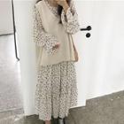 Plain V-neck Knit Vest / Dot Long-sleeve Loose-fit Dress