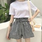 Set: Short-sleeve Plain T-shirt + Gingham Wide-leg Shorts