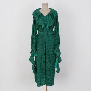 Ruffled Chain Pattern Midi Dress With Belt