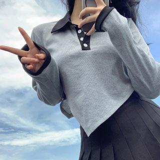 Long Sleeve Contrast Collar Asymmetric T-shirt