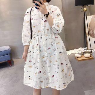 3/4-sleeve Patterned Sashed Shirt Dress