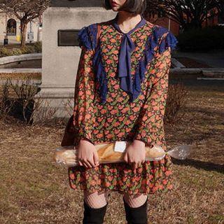 Floral Print Long-sleeve Tie-neck Chiffon Dress Navy Blue - One Size