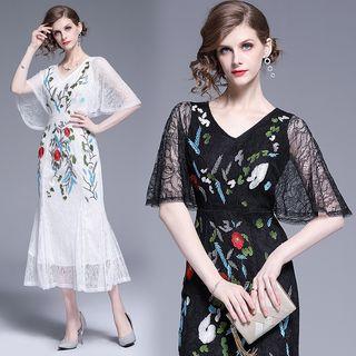 Elbow-sleeve Embroidered Midi Sheath Lace Dress