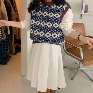 Long-sleeve Plain Mini Dress / Patterned Sweater Vest