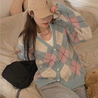 Argyle Buttoned Knit Cardigan Argyle - White & Pink & Blue - One Size