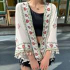 Floral Embroidered Tasseled Jacket White - One Size
