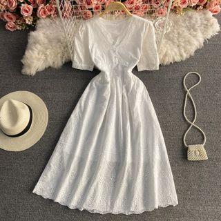 V Neck Plain Short Sleeve Dress
