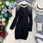 Faux Pearl Mesh Panel Long-sleeve Knit Sheath Dress Black - One Size