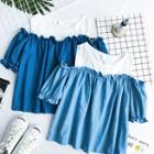 Frilled Off-shoulder Mock-two Denim Short-sleeve Blouse
