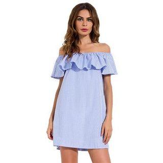Off-shoulder Short-sleeve Ruffle Gingham Dress