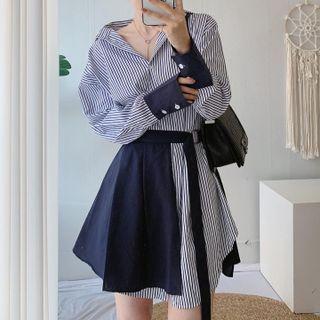 Set: Striped Mini Shirtdress + Tie-strap Mini A-line Skirt