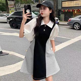 Puff-sleeve Paneled A-line Polo Dress