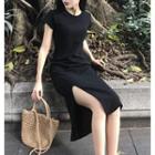 Short-sleeve Slit Midi Dress