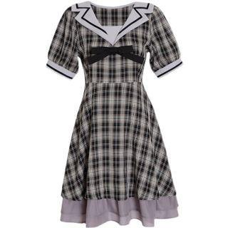 Short-sleeve Sailor Collar Bow Plaid A-line Dress