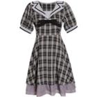 Short-sleeve Sailor Collar Bow Plaid A-line Dress