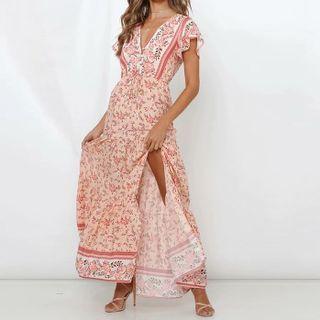 Floral Slit Short-sleeve Maxi A-line Dress