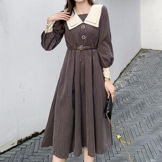 Long-sleeve Sailor Collar Plain Midi Dress With Sash