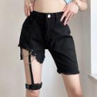 Asymmetrical Frayed Denim Shorts With Chained Garter