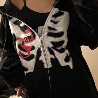 Skeleton Print Hooded Zip-up Jacket