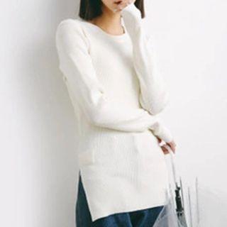 Long-sleeve Ribbed Knit Top Grayish Blue - One Size