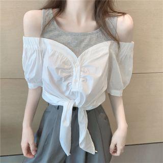 Mock Two-piece Cold-shoulder Blouse Gray & White - One Size