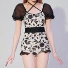 Puff-sleeve Mesh Panel Floral Swimsuit / Swim Skirt