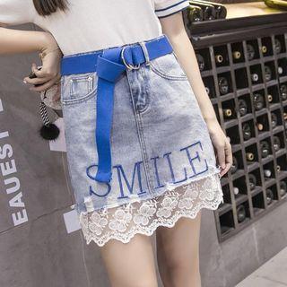 Letter Embroidered Lace Hem Denim Skirt