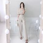 Set: Puff-sleeve Cropped Jacket + Button-trim Pants