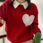 Heart Print Sweater / Collared Button-up Knit Top / Fleece Wide Leg Shorts