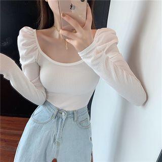 Plain Puff-sleeve Slim-fit Top