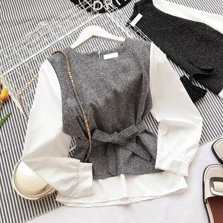 Color-block Bow-accent Mock-two Long-sleeve Blouse