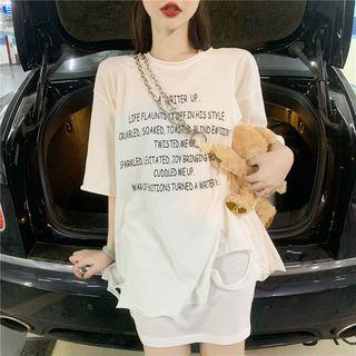 Short-sleeve Lettering Cutout T-shirt + Sleeveless Plain Tank Top