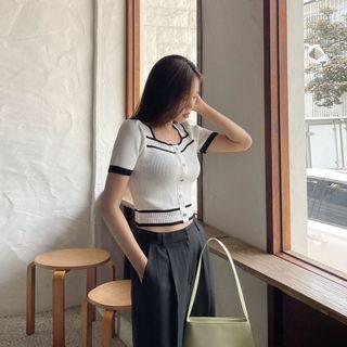 Square-neck Contrast-trim Cropped Knit Top