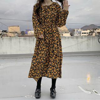 Long-sleeve Tie-waist Floral Printed Dress Skirt - One Size