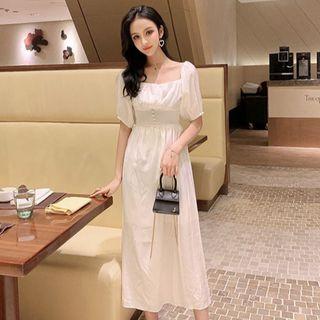Square Neck Elbow-sleeve A-line Mid Dress