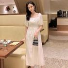 Square Neck Elbow-sleeve A-line Mid Dress