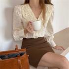 V-neck Embroidered Panel Blouse Almond - One Size