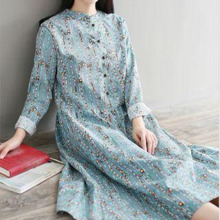 Printed Long Sleeve Band Collar Dress