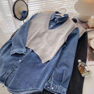 Long-sleeve Mock Two-piece Denim Top