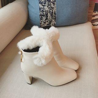 Block Heel Furry Trim Ankle Boots