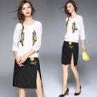 Set: Perforated Long-sleeve Top + Smiley Applique Skirt