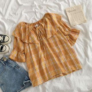 Bell-sleeve Peter Pan Collar Tie-neck Plaid Blouse Yellow - One Size