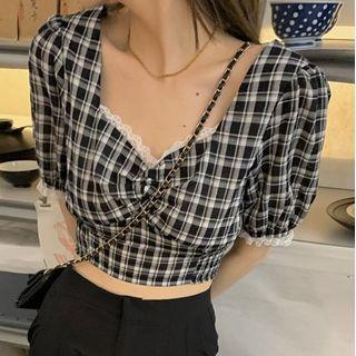 Lace-trim Plaid Crop Blouse Black & White - One Size