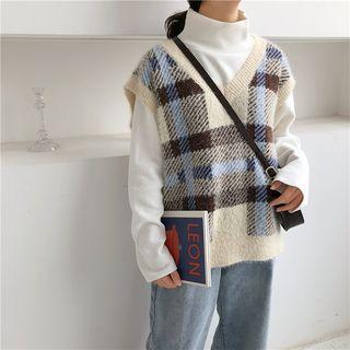 V-neck Plaid Knit Vest Almond - One Size