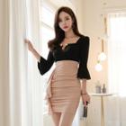 Color Block Elbow-sleeve Mini Sheath Dress