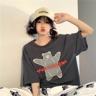 Short-sleeve Bear Print Loose-fit T-shirt Dark Gray - One Size