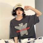 Short-sleeve Bear Print Loose-fit T-shirt Dark Gray - One Size