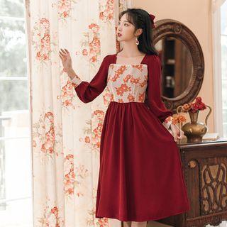 Square Neck Floral Panel A-line Dress