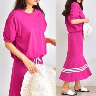 Elbow-sleeve Top & Striped Midi Skirt Set